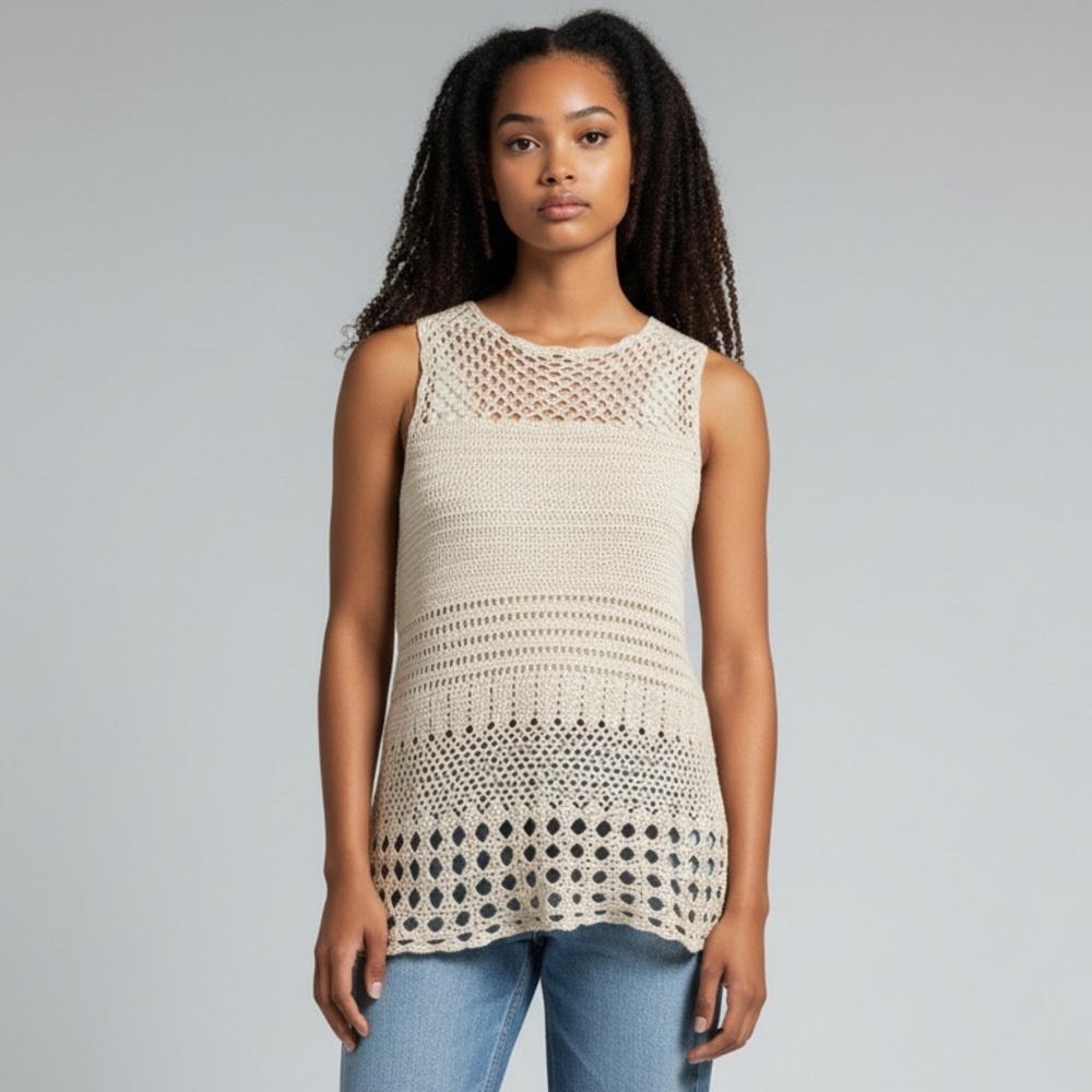 Vintage Maurice Sasson Sleeveless Crochet Open Knit Tank Top linen blend boho